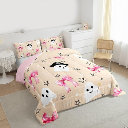 Erosebridal Halloween Ghost Comforter Set Queen, Pink Bows Bedding Set, Halloween Decor Kawaii Bowknot Comforter, White Polka Dotstar Star Quilt with 2 Pillowcases for Kids Girls Women