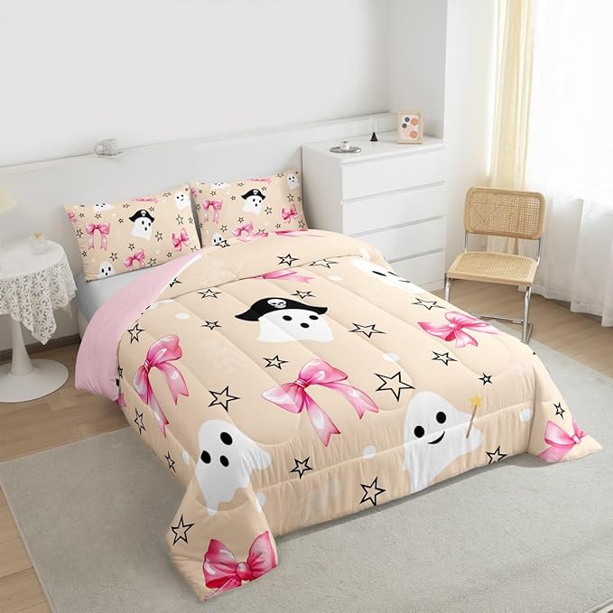 Erosebridal Halloween Ghost Comforter Set Twin, Pink Bows Bedding Set, Halloween Decor Kawaii Bowknot Comforter, White Polka Dotstar Star Quilt with 1 Pillowcase for Kids Girls Women