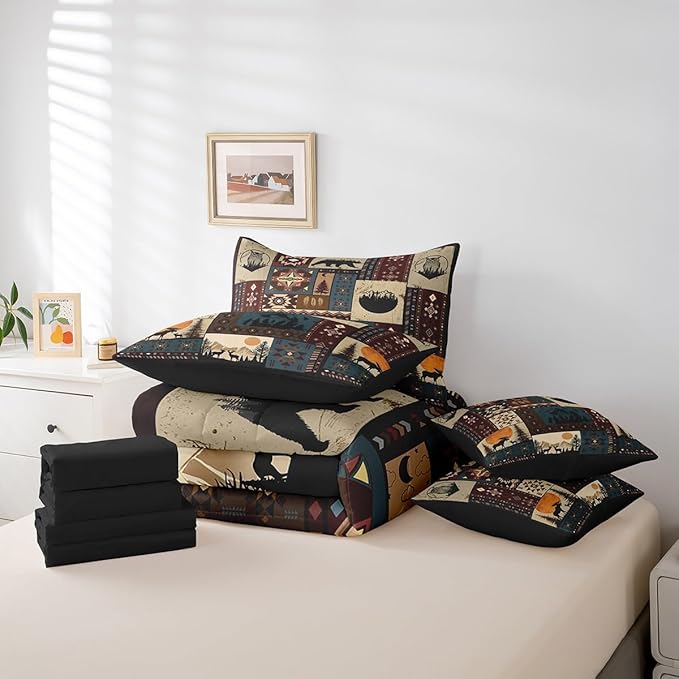 Erosebridal Bohemian Deer 7 Piece Bedding Sets King Bear Wildlife Hunting Theme Comforter Set Cabin Decor Buffalo Plaid Grid Bed in a Bag for Teens Retro Boho Xmas Pine Tree Sheets Geometric Quilt