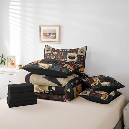 Erosebridal Bohemian Deer 7 Piece Bedding Sets Queen Bear Wildlife Hunting Theme Comforter Set Cabin Decor Buffalo Plaid Grid Bed in a Bag for Teens Retro Boho Xmas Pine Tree Sheets Geometric Quilt