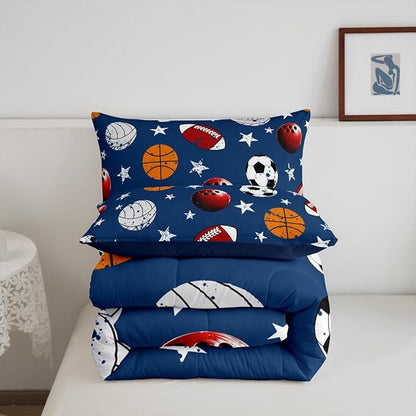 Feelyou Baseball Comforter Set Twin Size Football Comforter for Boys Girls Teens Basketball Bedding Set Rugby Sports Duvet Set Room Decor Dark Blue Mixed Ball Quilt Set
