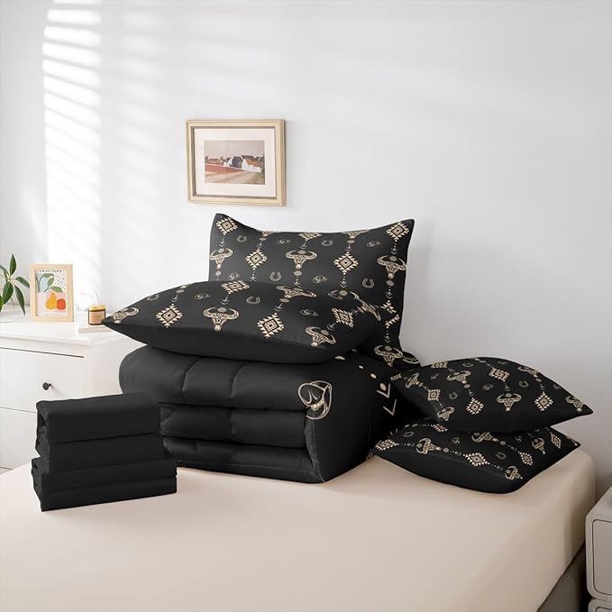 Erosebridal Aztec 7 Piece Bedding Set Twin Bull Skull Comforter Set with Sheets Western Arrow Cowboy Hat Dot Black Bed in a Bag Southwest Horseshoe Geometric for Teens Men Women