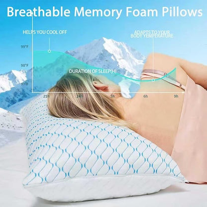 Memory Foam Pillows Queen Size Set of 2, Adjustable Cooling Pillow for Side Back Stomach Sleepers with Washable Removable Cover