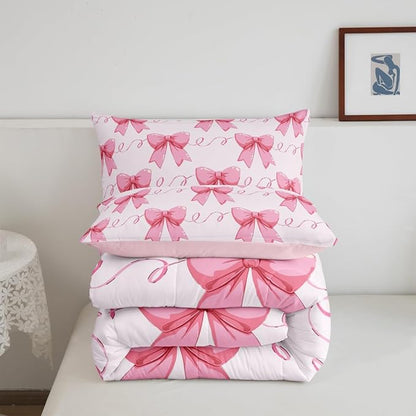 Erosebridal Bowknot Down Comforter Queen Size, Dreamy Princess Style Comforter Set for Girls Women Bedroom Decor, Cute Bow Tie Bedding Set Pink Girly Kawaii Quilt for All Season