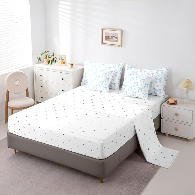 jejeloiu Cute Blue Bow 7 Piece Bedding Set Full Size Ribbon Bow Comforter Set with Sheets for Kids Women Cartoon Love Heart Bed in a Bag Blue White Bed Set