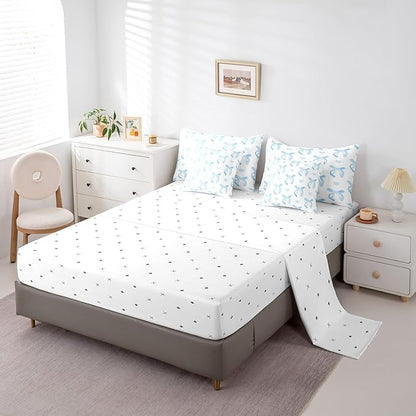 jejeloiu Cute Blue Bow 7 Piece Bedding Set King Size Ribbon Bow Comforter Set with Sheets for Kids Women Cartoon Love Heart Bed in a Bag Blue White Bed Set