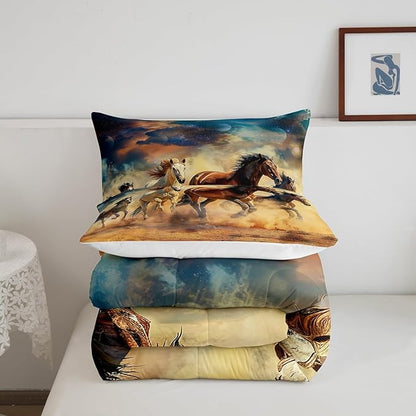 Feelyou Horse Bedding Set Queen Size Galloping Horse Comforter Set for Kids Boys Girls Decor Cute Animal Decor Comforter Galaxy Brown and Blue Duvet Set