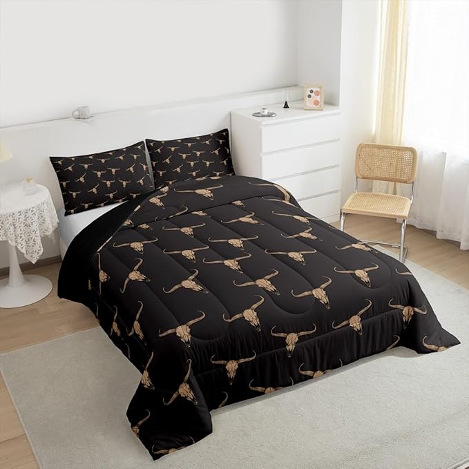 Erosebridal Bull Skull Comforter Set Queen Ethnic Bohemian Bedding for Men Boys | Tribal Steer Skull Wildlife Aztec Bedroom Decor Farmhouse Cabin Lodge Duvet Insert with 2 Pillow Cases,Black Brown