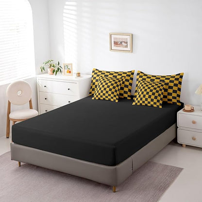 Feelyou Checkered 7 Piece Bedding Set Teen Yellow Black Plaid Comforter Set with Sheets King Size Kids Boys Cute Retro Neutral Checkerboard Geometric Bed in a Bag Vintage Aesthetic Room Decor