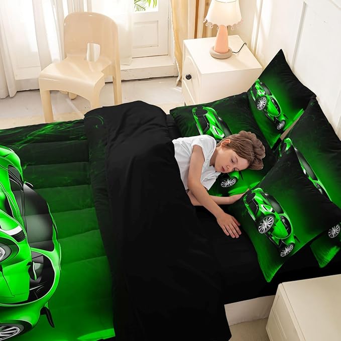 Feelyou Sports Car 7 Piece Bedding Set Green Race Car Comforter Set with Sheets for Kids Boys Girls Extreme Sports Theme Bed in a Bag Cool Speed Luxury Car Decor Bed Set with 2 Pillowcases King