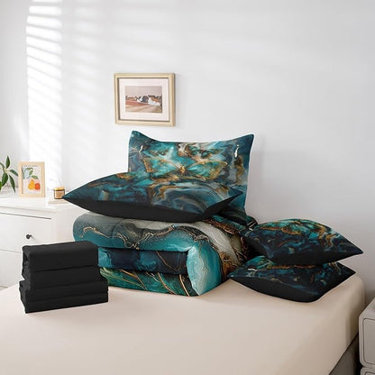 Erosebridal Boho Butterfly Twin Comforter Set with Sheets 7 Piece,Teal and Gold Marble Gradient Bedding Set Abstract Decor for Bedroom,Trippy Butterfly Bed in a Bag with Pillowcases & Shams
