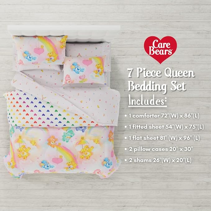 Care Bears Classic Retro Rainbow Bedding 7 Piece Super Soft Comforter and Sheet Set with Sham, Queen, (100% Official Licensed Product) by Franco Collectibles