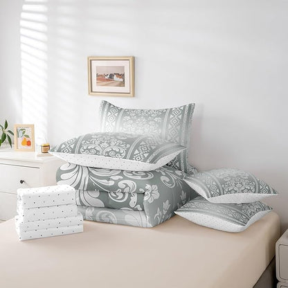 Comforter Set Twin Size, Silver White Aztec Damask 7 Pcs Bedding for Kids and Adults, Western Goth Floral Victorian Bed Sheet Sets with Fitted Sheet 2 Pillowcases & 2 Shams for Bedroom Bed Decor