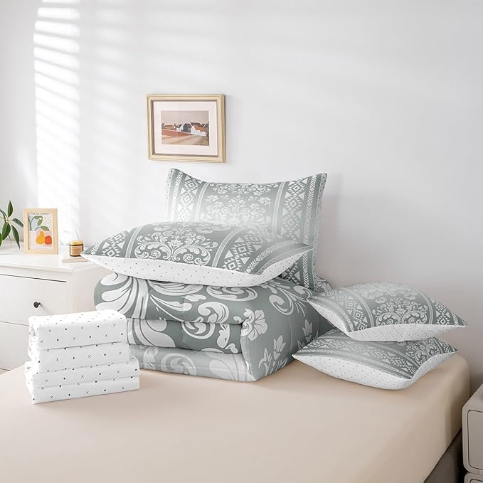 Comforter Set Queen Size, Silver White Aztec Damask 7 Pcs Bedding for Kids Adults, Victorian Decor Western Baroque Goth Bed Sheet Sets with Fitted Sheet 2 Pillowcases & 2 Shams for Bedroom Bed Decor