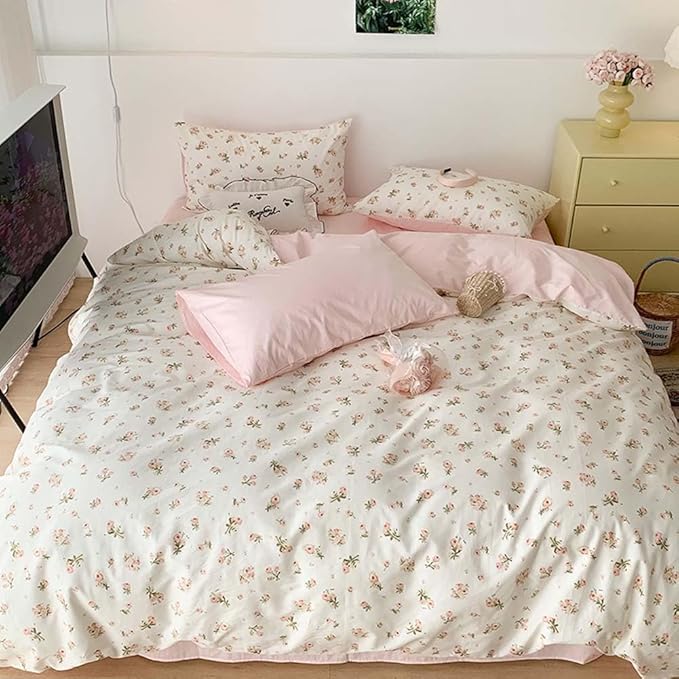 Nayoroom Pink Floral Comforter Set Queen Size Reversible Green Leaf Cottagecore Comforter Girls 3 Pcs Soft Lightweight Aesthetic Bedding Set for All Seasons (1 Comforter, 2 Pillowcases)