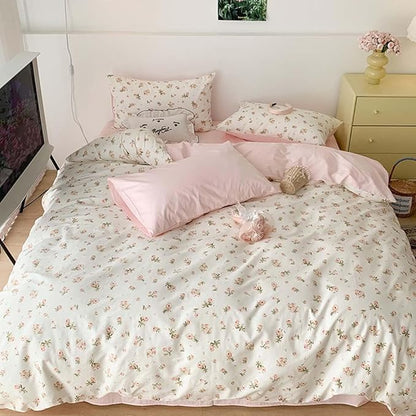 Nayoroom Pink Floral Comforter Set Queen Size Reversible Green Leaf Cottagecore Comforter Girls 3 Pcs Soft Lightweight Aesthetic Bedding Set for All Seasons (1 Comforter, 2 Pillowcases)