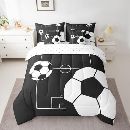 Erosebridal Soccer Ball 7 Piece Bedding Set Full Boys Sports Comforter Set with Sheets Football Playground Pattern Bed in a Bag Black White Football Court for Kids Boys Girls