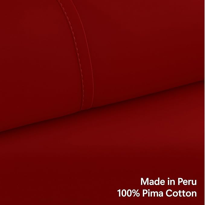 Peru Pima 415 Thread Count Percal King Sheet Set - 100% Peruvian Pima Cotton, 4 Piece (Flat, Fitted, 2 Pillowcases) - Cooling, Crisp, Deep Pocket, Hotel Quality Bedding - Burgundy
