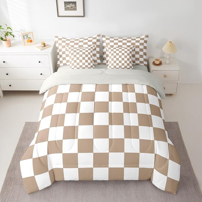 Feelyou Checkered Full Comforter Set with Sheets for Kids Boys Girls Brown Plaid 7 Pieces Bedding Set Vintage Checkerboard Geometric Bed in a Bag Reversible Grey Room Decor Soft
