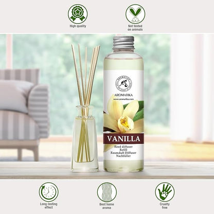 Vanilla Diffuser Refill w/Natural Essential Vanilla Oil 6.8 Fl Oz - Intensive - Fresh & Long Lasting Fragrance - Reed Diffuser Oil Refill Vanilla - for Aromatherapy - SPA - Home - Office - Fitness