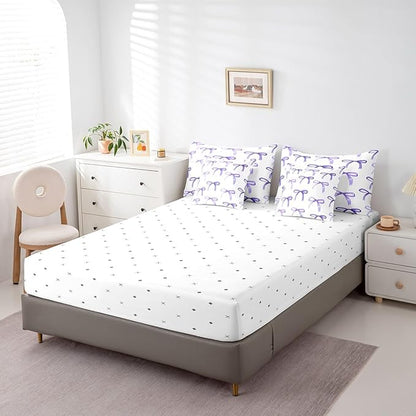 Feelyou Bow Bedding Set for All Season Boys Girls Queen Size Purple Girls Bow 7 Pieces Comforter Sets for Kids Women Men Cute Bowknot Bed in a Bag with Comforter, Sheets, Pillowcases & Cushion Cover