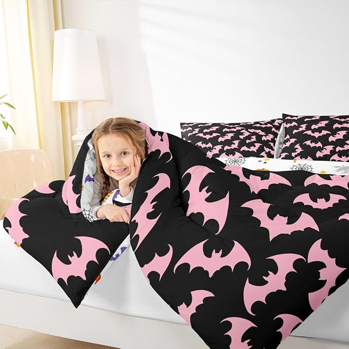 Erosebridal Pink Bat Bedding Set Full Size Halloween Bat Comforter Set Spooky Goth Gothic Animal Bed Sets Horror Halloween Duvet Quilt Sets for Kids Teens Adults