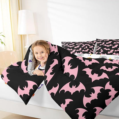 Erosebridal Pink Bat Twin Bedding Sets Halloween Bat Comforter Set Spooky Goth Gothic Animal Quilt Duvet Set Horror Halloween Bedding Collections for Kids Teens Adults