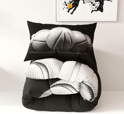Basketball Comforter Set, Black Pattern for Kids Teens Adults,Decorative Bedding Comforter Sets with 2 Pillow Shams, King Size