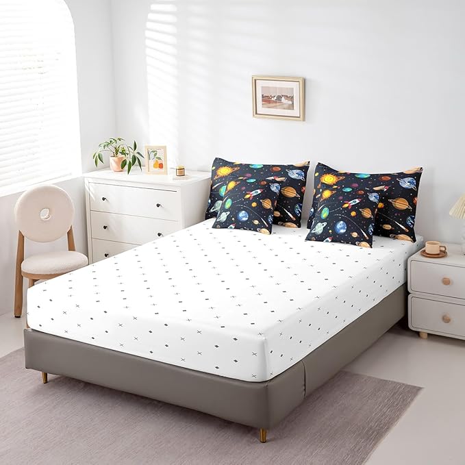 Erosebridal 7 Pcs Galaxy Comforter Set Twin Size,Cartoon Out Space Planet Bed in a Bag with Flat Fitted Sheet for Kids and Adults,Stars Sun Earth Bedding Set with Pillowcases and Cushion Cases