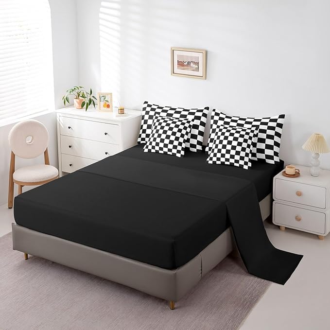 Feelyou Checkered Retro 7 Piece Bedding Set Teen Women Men Black White Plaid Comforter Set with Sheets Full Size Kids Boys Geometric Vintage Bed in a Bag Modern Simple Groovy Aesthetic Room Decor