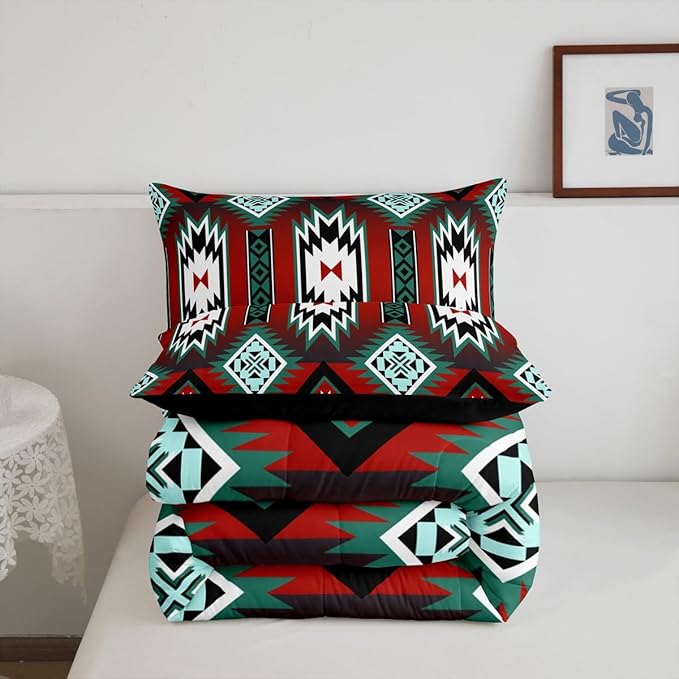 Feelyou Red Western Comforter Set Southwest Native Tribal Bedding Set Full Size for Kids Boys Girls Teens Room Decor Geometric Boho West Comforter Soft Microfiber