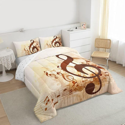 Erosebridal Musical Notes Comforter Set Queen, Retro Rotating Music Down Comforter for Kid Adult, Rock Music Grunge Style Quilted Duvet, Brown Tie Dye Warm Duvet Insert,Lightweight Reversible