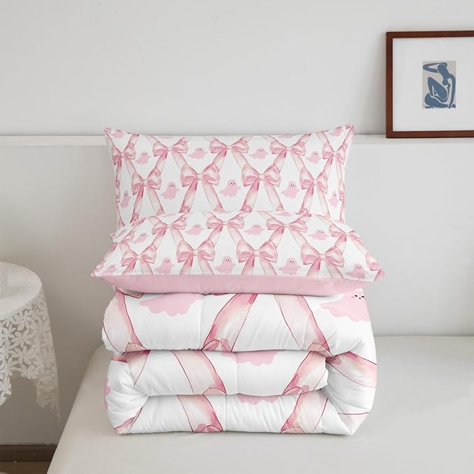 Erosebridal Pink Bow Kids Comforter Sets,Kwaii Bowknot Ribbon King Bedding Set for Girls,Cute Ghost Print Down Comforter Geometric Check Bow Tie Bed Set Room Decor 3 Pcs