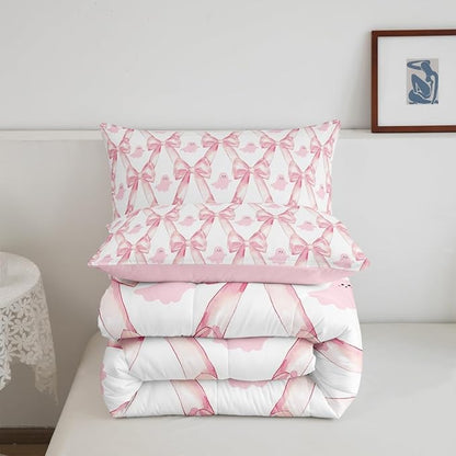Erosebridal Pink Bow Kids Comforter Sets,Kwaii Bowknot Ribbon King Bedding Set for Girls,Cute Ghost Print Down Comforter Geometric Check Bow Tie Bed Set Room Decor 3 Pcs