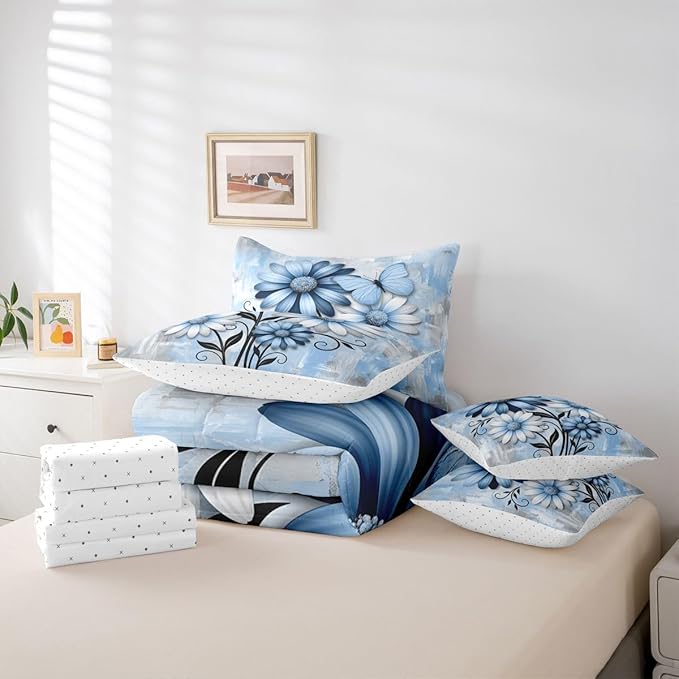 Feelyou Blue Floral Comforter Set With Sheets 7 Piece Full Size Daisy Blossom Flowers Pattern Bedding Set for Kids Boys Girls Abstract Geometric Art Bed in a Bag Room Decor Soft Lightweight Microfiber