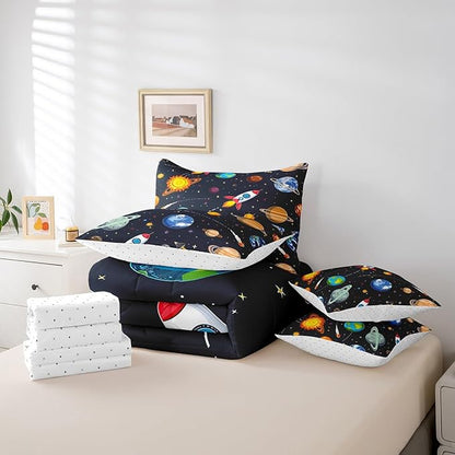 Erosebridal 7 Pcs Galaxy Comforter Set Twin Size,Cartoon Out Space Planet Bed in a Bag with Flat Fitted Sheet for Kids and Adults,Stars Sun Earth Bedding Set with Pillowcases and Cushion Cases