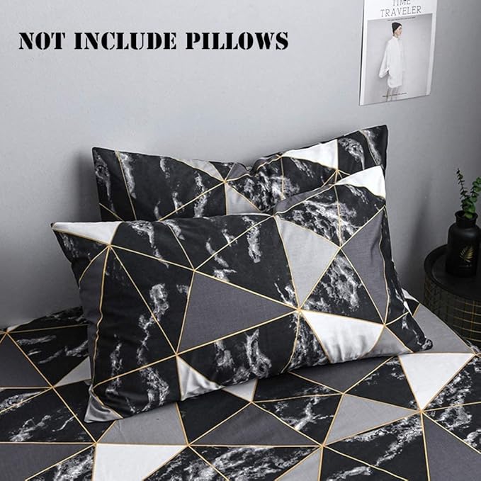 Houseri Black Comforter Set Full Black and White Geometric Marble Full Size Bedding Sets Boys Soft Breathable Black Plaid Bedding Modern Chic Triangle Gold Diamond Grid Comforters Bed Quilt Full