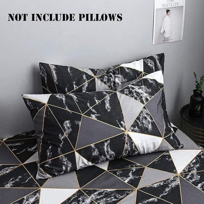 Houseri Black Comforter Set Full Black and White Geometric Marble Full Size Bedding Sets Boys Soft Breathable Black Plaid Bedding Modern Chic Triangle Gold Diamond Grid Comforters Bed Quilt Full