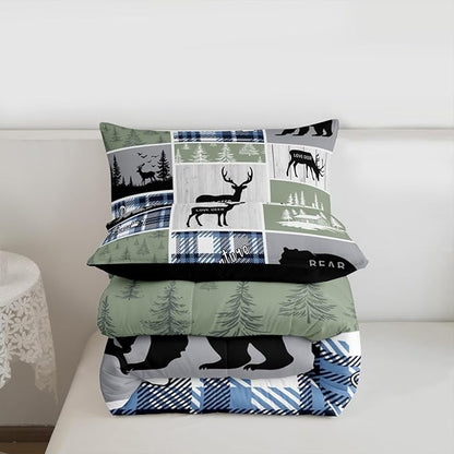 Rustic Cabin Comforter Set, Hunting Bear Deer Bedding Sets Twin, Forest Animal Wildlife Duvet Insert Cabin Decorations For Home, Country Farmhouse Plaid Grid Claw Down Comforter With 1 Pillow Case