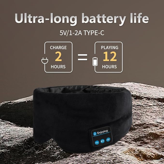 Soft Sleep Eye Mask Bluetooth Headphones, Adjustable Sleep Headband Headphones for Sleeping Meditation Insomnia, Wireless Music Eye Cover Earbuds for Airplane Travel Nap, Black