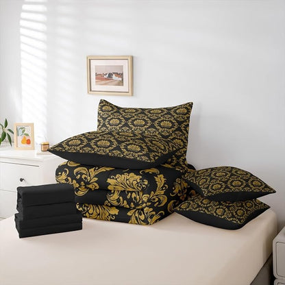 Erosebridal Black and Gold Damask 7-Piece Comforter Set Full Bed in a Bag | Victorian Decor Gothic Vintage Floral Bedding Sets Baroque Goth Comforter and Sheet Set, Luxury Bohemian Room Decor