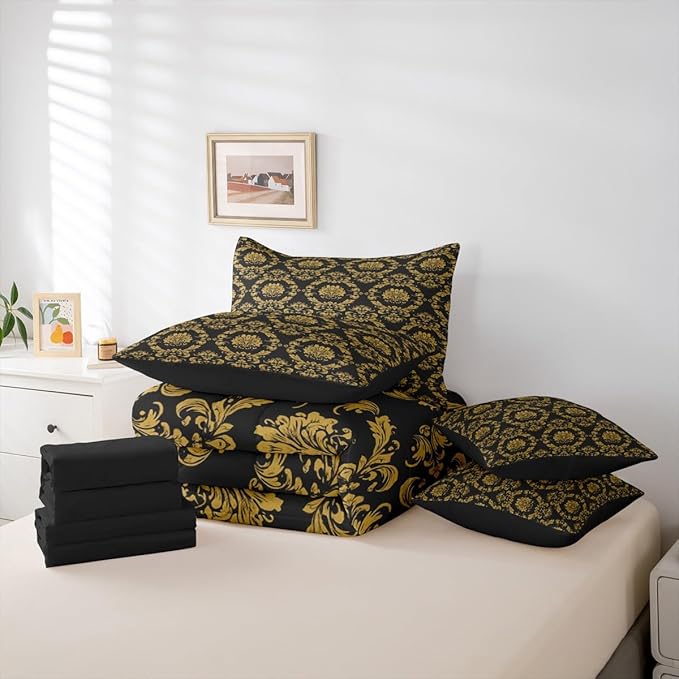 Erosebridal Black and Gold Damask Bed in a Bag Queen Comforter Set 7-Piece | Victorian Decor Gothic Vintage Floral Bedding Sets Baroque Goth Comforter and Sheet Set, Luxury Bohemian Room Decor