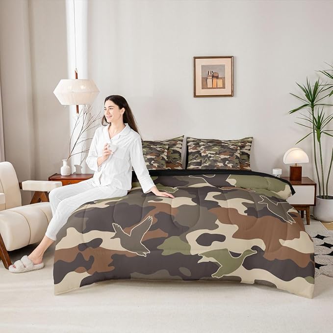 Erosebridal 3D Duck 7 Piece Bedding Set Twin Camo Camouflage Comforter Set with Sheets Green Dark Wildlife Bed in a Bag Flying Animals Hunting Bed Sets Comforter