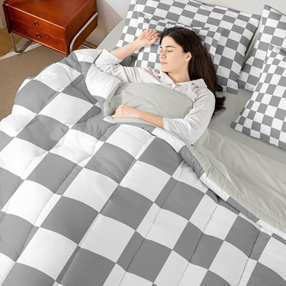 Checkered Retro Comforter Set Full Size 7 Pieces Grey Plaid Bedding Set for Kids Boys Girls Geometric Vintage Bed in a Bag Modern Simple Groovy Aesthetic Bedroom Decor All Season Quilted Lightweight