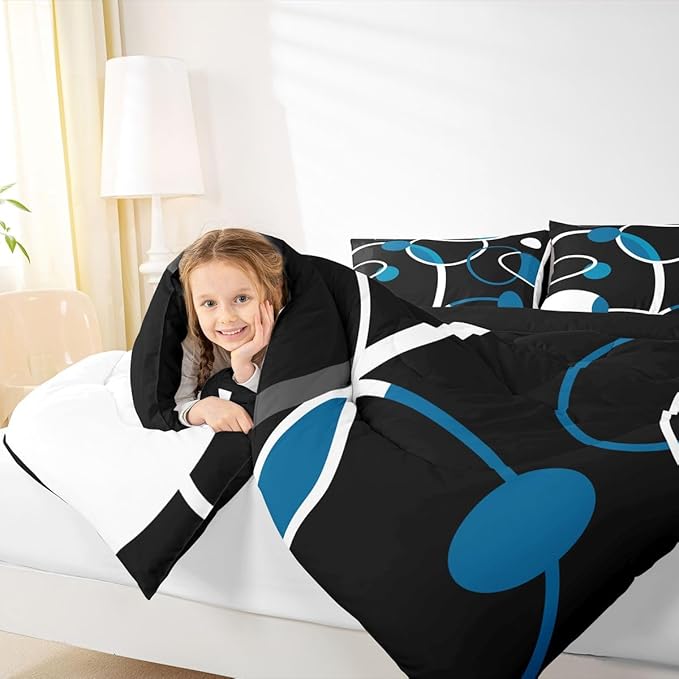 Erosebridal Circle Comforter Set Queen Modern Bedding Navy White Black, Abstract Art Down Comforter Geometric Line Bed Set, Aesthetic Quilted Duvet Ultra Soft Cozy Breathable Room Decoratives