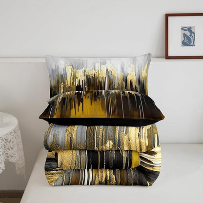 Erosebridal Abstract Graffiti Comforter King Brown Yellow Bedding Set for Adults, Oil Painting Gradient Down Comforter Modern Artwork Bed Set, Ombre Brush Strokes Quilted Duvet