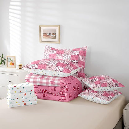 Feelyou Bow Comforter Set with Sheets Queen Size Kids Pink Bowknot Plaid 7 Pieces Bedding Set for Boys Girls Teens Gift for Girls Women Grid Bed in a Bag Breathable Princess Décor Bed Set