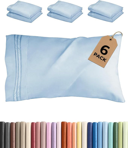 King Pillow Cases Set of 6 - Ultra Soft Hotel Quality Pillowcase Covers - Comfy. Cozy & Wrinkle Free - Shrink, Stain and Fade Resistant - Machine Washable Pillow Protectors - 6 Piece Set - Light Blue
