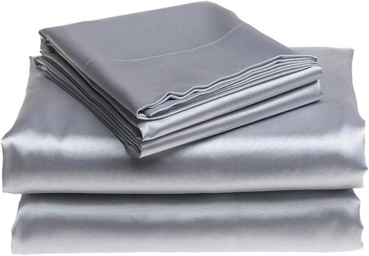 100% Pure Silk Satin Sheet Set 4pcs, Fitted Sheet 15" Deep Pocket Mattress fit, Flat Sheet & Pillowcases Set Soft Silk Sheets|Wrinkle Free Fade Resistant.(Silver Grey, Queen)