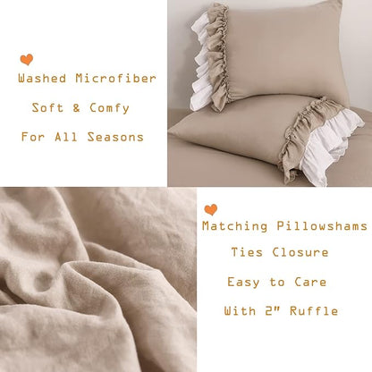 Masaca Ruffled Comforter King Size,Farmhouse Rustic Bedding Shabby Boho Chic Taupe and White Bedding Vintage Aesthetic Lightweight Fluffy Comforter Set 3 Pieces